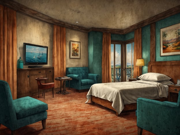 Auf dem Bild ist ein komfortables Zimmer mit herausragender Ausstattung zu sehen. Es gibt ein gemütliches Bett, bequeme Sitzmöbel in stilvollem Design und große Fenster, die viel Licht hereinlassen. Außerdem sind ein Fernseher und dekorative Elemente vorhanden, die zur angenehmen Atmosphäre beitragen.