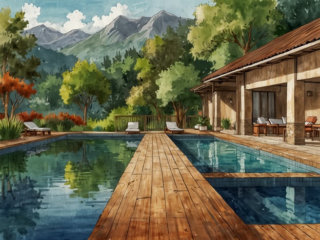 Auf dem Bild ist eine idyllische Wellnessoase für Erholungssuchende zu sehen. Es gibt einen Pool, der von einer Holzterrasse umgeben ist, und im Hintergrund sind malerische Berge und üppige grüne Bäume zu erkennen. Die Atmosphäre strahlt Ruhe und Entspannung aus, ideal für eine Auszeit vom Alltagsstress. Die gemütlichen Liegen laden dazu ein, die Natur zu genießen und sich zu entspannen.