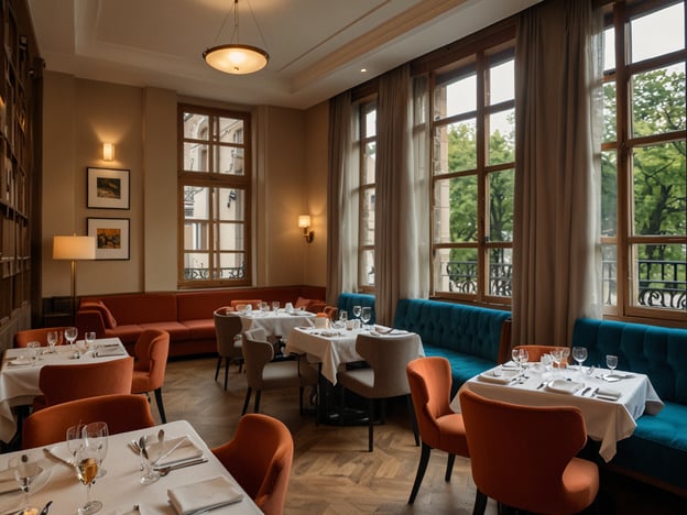 Auf dem Bild ist ein elegantes Restaurant mit einer stilvollen Inneneinrichtung zu sehen. Die Kombination aus modernen und klassischen Elementen, wie den bunten Stühlen und den großen Fenstern, schafft eine einladende Atmosphäre. Die Tische sind liebevoll gedeckt und es sind bereits Gläser und Besteck vorbereitet, was auf einen bevorstehenden Service hinweist.Viele Gäste schätzen die geschmackvolle Einrichtung und das angenehme Licht, das durch die großen Fenster strömt. Bewertungen heben oft die freundliche Bedienung und das Ambiente hervor, das ideal für besondere Anlässe oder romantische Abendessen ist. Einige erwähnen auch, dass die Lage des Restaurants sehr attraktiv ist, da es einen Blick ins Freie bietet, was das Gesamterlebnis nochmals bereichert.