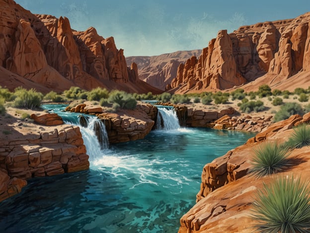 Auf dem Bild sind felsige Landschaften mit sanft fließendem Wasser und Wasserfällen zu sehen, die in einem wüstenartigen Umfeld eingebettet sind. Solche Szenerien können an touristischen Attraktionen wie den Grand Canyon in Arizona oder den Antelope Canyon erinnern. Diese Orte sind berühmt für ihre beeindruckenden Felsformationen und atemberaubenden Ausblicke. Die lebendigen Farben des Wassers und die rötlichen Felsen tragen zur natürlichen Schönheit dieser Regionen bei, die viele Besucher anziehen und ideale Möglichkeiten für Outdoor-Aktivitäten wie Wandern und Fotografieren bieten.