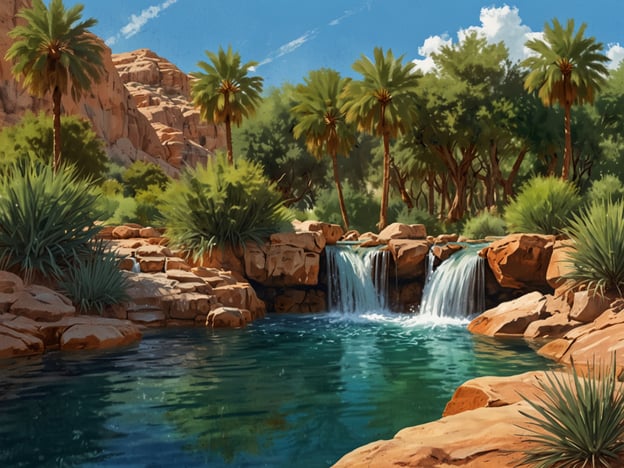 Auf dem Bild ist eine malerische Landschaft zu sehen, die von einem Teich mit herabfallendem Wasser geprägt ist. Die Umgebung ist belebt von üppiger Vegetation, insbesondere Palmen und anderen Pflanzen.Der Einfluss artesischer Quellen auf die Umgebung zeigt sich hier deutlich. Diese Wasserquellen versorgen das Gebiet mit lebensspendendem Wasser, das das Wachstum der Vegetation fördert und einen Lebensraum für verschiedene Tierarten schafft. Das Wasser bildet einen attraktiven Ort für Pflanzen und Tiere, wodurch eine grüne Oase in einer sonst vielleicht trockenen Umgebung entsteht. Solche artesischen Quellen sind entscheidend für das Ökosystem, da sie nicht nur das Pflanzenwachstum unterstützen, sondern auch die Landschaft ästhetisch bereichern.