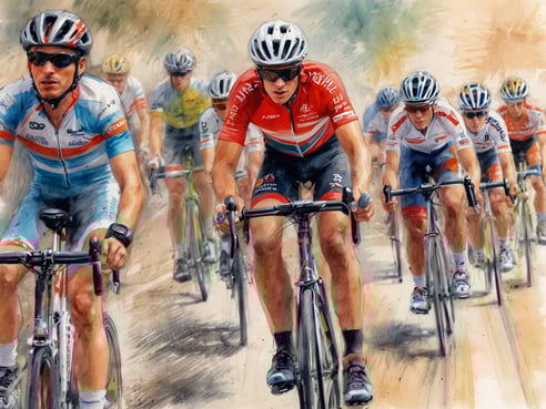 Junge Radfahrer sind auf einer Straße unterwegs, angeführt von zwei Fahrern in auffälliger Sportbekleidung. Einer trägt ein rotes Trikot mit weißen und grünen Akzenten, der andere ein blaues Trikot mit orangefarbenen Mustern. Im Hintergrund sind weitere Radfahrer zu sehen, die unterschiedlichen Teamtrikots tragen. Die Szene vermittelt eine Dynamik des Wettkampfs und die Athleten konzentrieren sich auf ihre Leistung, während sie in einer Reihe fahren. Der Hintergrund ist unscharf und lässt vermuten, dass die Gruppe sich in einem Rennen befindet.
