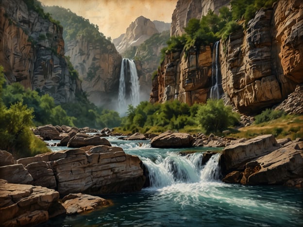 Auf dem Bild ist eine malerische Landschaft zu sehen, die Wasserfälle, fließendes Wasser und beeindruckende Felsen zeigt. Die zauberhafte Partnachklamm könnte eine ähnliche Atmosphäre ausstrahlen, indem sie eindrucksvolle Schluchten, sprudelnde Bäche und das Spiel von Licht und Schatten bietet. Diese Art von Szenario weckt beim Betrachter ein Gefühl von Ruhe und Naturverbundenheit.