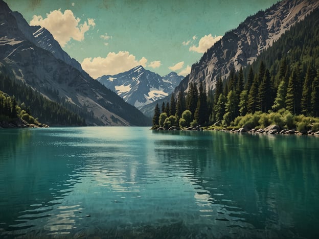 Auf dem Bild ist der idyllische Eibsee zu sehen, umgeben von majestätischen Bergen und dichten Wäldern. Das Wasser hat eine atemberaubende blaue Farbe, die die Landschaft reflektiert. Die Szene strahlt Frieden und natürliche Schönheit aus, mit vereinzelten Wolken am Himmel, die das Gesamtbild vervollständigen.