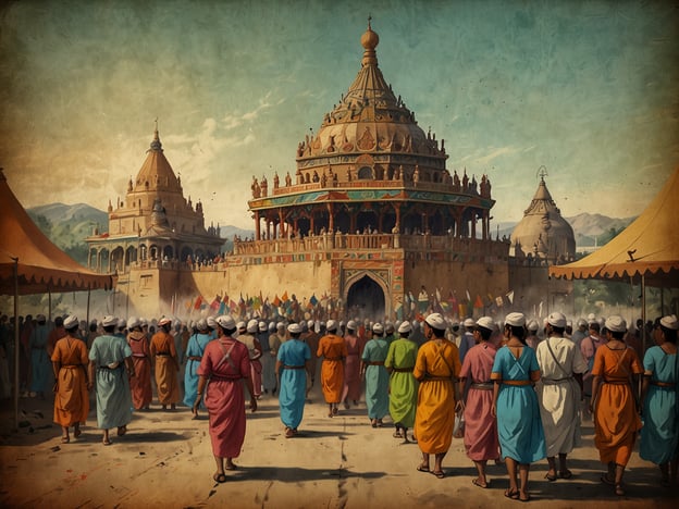 Auf dem Bild sieht man eine Menschenmenge, die auf ein prächtiges Gebäude in traditioneller Architektur zugeht. Es könnte sich um ein Fest oder eine religiöse Zeremonie handeln, die oft in vielen Städten gefeiert wird. Das Gebäude hat kunstvoll gestaltete Kuppeln und Balkone, die an kulturelle Höhepunkte wie Tempel oder Paläste einer Stadt erinnern.Solche Szenen sind häufig in Städten mit reicher Geschichte und kulturellen Traditionen, wie zum Beispiel Varanasi oder Jaipur in Indien, wo religiöse Festlichkeiten in Verbindung mit architektonischen Meisterwerken stattfinden. Die verschiedenen Farben der Kleidung der Menschen können die Vielfalt und das kulturelle Erbe der Region widerspiegeln.