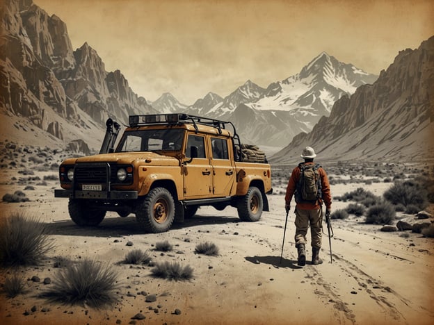 Auf dem Bild ist ein abenteuerliches Szenario zu sehen. Ein Wanderer nähert sich einem robusten Geländewagen in einer beeindruckenden Wüstenlandschaft, umgeben von majestätischen Bergen. Diese Szenerie eignet sich hervorragend für verschiedene Abenteueraktivitäten wie Offroad-Touren, Bergwanderungen und Erkundungstouren in unberührter Natur. Der Geländewagen könnte als Basis für aufregende Expeditionen dienen, während der Wanderer sich auf den Weg zu neuen Entdeckungen macht. Solche Erlebnisse sind ideal für Abenteuerliebhaber, die die Freiheit der Natur und die Herausforderung extremen Geländes suchen.