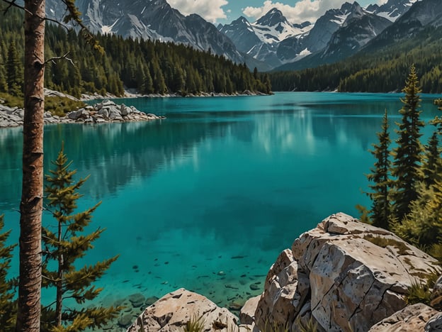 Auf dem Bild ist der Eibsee zu sehen, oft als "Karibik der Alpen" bezeichnet. Der malerische See beeindruckt mit seinem türkisfarbenen Wasser, umgeben von majestätischen Bergen und dichten Wäldern. Diese idyllische Landschaft lädt ein zu Aktivitäten in der Natur und bietet eine traumhafte Kulisse für Erholung und Freizeit.
