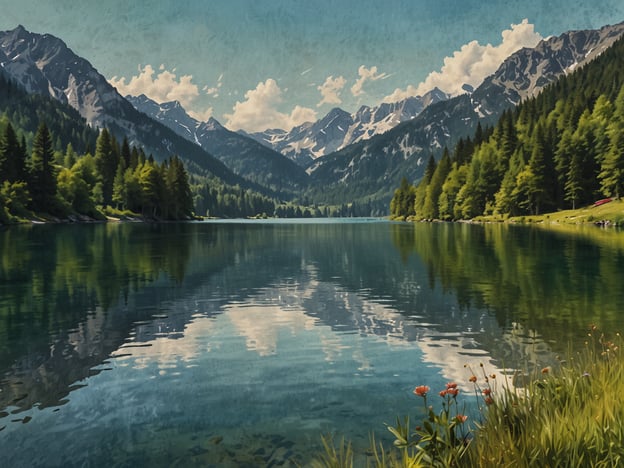Auf dem Bild ist eine idyllische Landschaft mit einem klaren See zu sehen, umgeben von hohen Bergen und Wäldern. Die Oberfläche des Wassers spiegelt die umliegende Natur wider, was eine ruhige und friedliche Atmosphäre schafft. Die sanften Hügel und die üppige Vegetation tragen zur Schönheit dieses Ortes bei, der an Geheime Perlen wie den Badersee oder den Riegsee erinnert.