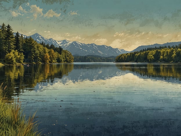 Auf dem Bild ist eine malerische Landschaft zu sehen, die an den Staffelsee erinnert – ein großer Wassertraum. Der See spiegelt das ruhige Wasser, umgeben von üppigen Wäldern und majestätischen Bergen im Hintergrund. Die Farben sind sanft und warm, mit einem klaren Himmel und einer friedlichen Atmosphäre, die perfekt für entspannende Stunden in der Natur geeignet ist. Die Kombination aus Wasser, Bäumen und Bergen schafft eine idyllische Szenerie, die zum Verweilen einlädt.