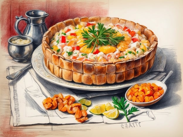 Auf dem Bild ist ein kunstvoll angerichteter Teller mit einer Brotkruste zu sehen, die mit einer bunten Füllung aus Gemüse und möglicherweise Früchten gefüllt ist. Solche Gerichte können Teil der traditionellen polnischen Küche sein, die in Krakau vielfältige Einflüsse aus der europäischen und jüdischen Küche kombiniert.Krakau ist bekannt für seine herzhaften Gerichte und die Verwendung frischer Zutaten. Besonders beliebt sind Varianten von Eintöpfen und gefülltem Brot. Zudem könnte die Dekoration mit Kräutern und Zitrusfrüchten darauf hindeuten, dass das Gericht nicht nur nahrhaft, sondern auch optisch ansprechend ist, ein wichtiger Aspekt der polnischen Kulinarik.Die Stadt selbst ist berühmt für ihre gastronomische Vielfalt, von traditionellen Pierogi bis hin zu modern interpretierten Speisen, was die reiche kulinarische Kultur widerspiegelt.