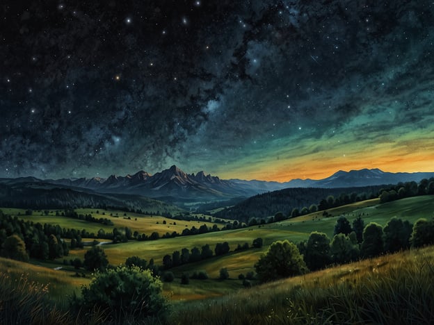 Auf dem Bild ist eine malerische Landschaft mit Bergen und einem klaren Nachthimmel zu sehen. Viele Sterne funkeln am Himmel, und die zarte Farbpalette im Hintergrund deutet auf einen Sonnenuntergang hin. Diese Szenerie könnte eine typische Darstellung eines der offiziellen Sternenparks Deutschlands sein, in denen die nächtliche Himmelsbeobachtung besonders zur Geltung kommt. Entdecke die offiziellen Sternenparks Deutschlands, um ähnliche beeindruckende Ausblicke und die Schönheit des Sternenhimmels zu erleben!