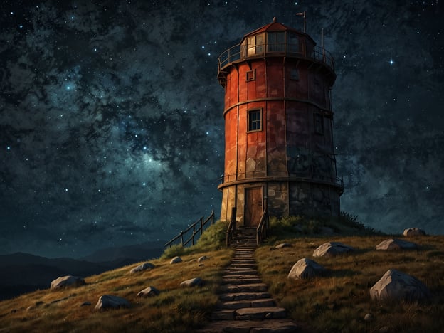 Auf dem Bild ist ein alter, roter Leuchtturm zu sehen, der auf einem Hügel steht. Der Himmel ist nachts und mit zahlreichen Sternen sowie einer beeindruckenden Milchstraße bedeckt. Die Szenerie ist malerisch und bietet eine perfekte Kulisse für Sternensichtungen.Wenn du die Sterne bewundern möchtest, suche geheime Ecken wie abgelegene Wälder, Berggipfel oder zumindest Orte fernab von Lichtverschmutzung. Solche Orte bieten oft die besten Bedingungen, um das Wunder des Nachthimmels zu erleben.