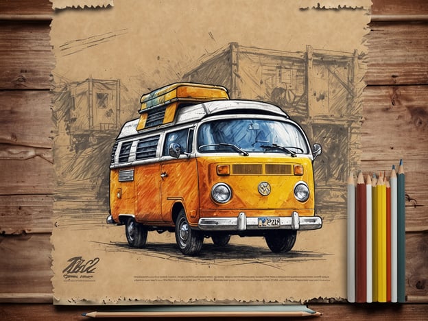 Ein klassischer orangefarbener Volkswagen Bulli steht im Vordergrund des Bildes. Der Bus hat ein weißes Dach und große Fensterscheiben. Im Hintergrund sind skizzenhafte Darstellungen von Lagergebäuden zu sehen. Auf der rechten Seite des Bildes liegt eine Reihe von Buntstiften, die in verschiedenen Farben angeordnet sind. Der Hintergrund ist in sanften, natürlichen Tönen gehalten, die das Fahrzeug hervorheben.