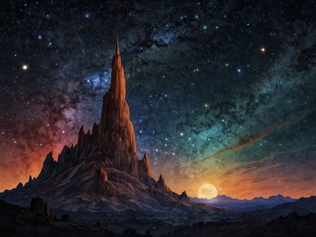 Auf dem Bild ist eine fantasievolle Landschaft zu sehen, die von einem wunderschönen Nachthimmel mit zahlreichen Sternen und einer beeindruckenden Galaxie geprägt ist. In der Mitte erhebt sich ein hoher, bizarrer Berg, der von warmen Farben im Himmel umgeben ist, während der Mond hell scheint.Für Sterneninteressierte könnten besondere Events in Planetarien oder Astronomie-Zentren angeboten werden, bei denen man durch Teleskope die Sterne und Planeten näher betrachten kann. Führungen zu Orten mit wenig Lichtverschmutzung sind ebenfalls beliebt, um den Nachthimmel ungestört zu genießen. Veranstaltungen wie Sternschnuppenbeobachtungen oder Vorträge über Astronomie könnten ebenfalls interessante Möglichkeiten bieten, das Wissen über das Universum zu erweitern.