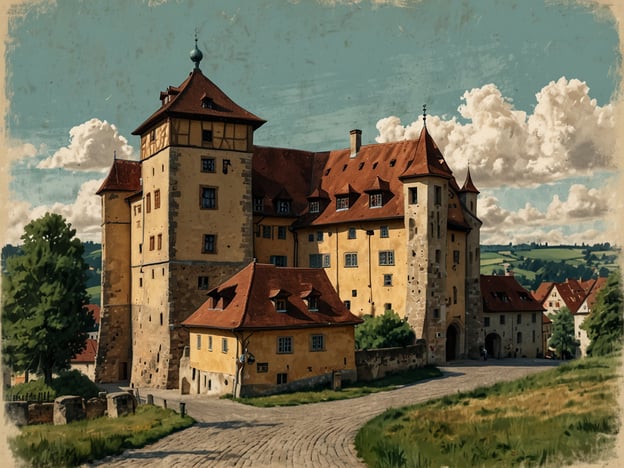 Auf dem Bild ist eine malerische mittelalterliche Architektur zu sehen, die an Rothenburg ob der Tauber erinnert. Die Szene zeigt ein Gebäude mit mehreren Türmen und markanten Giebeldächern, das auf einer geschwungenen Straße steht. Umgeben von sanften Hügeln und Bäumen strahlt die gesamte Szenerie eine nostalgische Atmosphäre aus, die den Betrachter in vergangene Zeiten versetzt. Rothenburg ob der Tauber ist bekannt für seine gut erhaltenen mittelalterlichen Strukturen und charmanten Gassen, was das Bild perfekt einfängt.