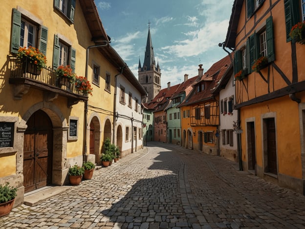 Auf dem Bild ist eine malerische Gasse zu sehen, die von bunten, historischen Häusern gesäumt wird. Die Gebäude zeigen typische Elemente der Fachwerkarchitektur mit vielen Fenstern, die von Blumentöpfen mit bunten Blumen geschmückt sind. Im Hintergrund erhebt sich ein hoher Kirchturm, der die Silhouette der Stadt prägt. Diese Szenerie erinnert an Nördlingen, eine Stadt umgeben von Geschichte, bekannt für ihre gut erhaltene Altstadt und mittelalterliche Atmosphäre. Die gepflasterte Straße verleiht der Szene einen charmanten, nostalgischen Charakter.