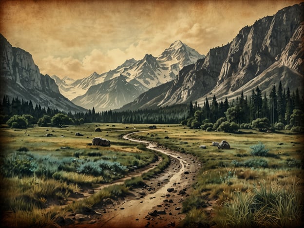 Auf dem Bild ist eine beeindruckende Landschaft zu sehen, in der Natur und Kultur harmonisch zusammenkommen. Im Vordergrund führt ein gewundener Weg durch eine weite Wiesenlandschaft, umgeben von größeren Feldern und einzelnen Steinen. Im Hintergrund erheben sich majestätische Berge, deren Gipfel schneebedeckt sind und die in einem sanften Licht erstrahlen. Die Bäume und Sträucher sorgen für eine grüne Frische, während die Wolken am Himmel das Szenario lebendig wirken lassen. Diese Szenerie vermittelt ein Gefühl von Ruhe und zeitloser Schönheit, wo die Elemente der Natur zur kulturellen Wahrnehmung der Landschaft beitragen.