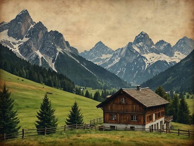 Auf dem Bild ist eine malerische Landschaft zu sehen, die typisch für die Alpen ist. Im Vordergrund steht ein rustikales Holzhaus, umgeben von saftigem, grünem Gras und vereinzelten Nadelbäumen. Im Hintergrund erheben sich beeindruckende, schneebedeckte Berge, die eine atemberaubende Kulisse bieten. Diese Szene strahlt eine friedliche Alpenromantik aus, die perfekt zu Garmisch-Partenkirchen passt. Hier kann man die Schönheit der Natur und die alpine Atmosphäre in vollen Zügen genießen.