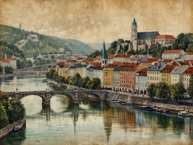 Auf dem Bild ist eine malerische Ansicht von Passau, bekannt als die "Stadt der drei Flüsse". Man sieht farbenfrohe Häuser entlang eines Flusses, der sanft durch die Stadt fließt. Im Hintergrund sind hügelige Landschaften zu erkennen, und es gibt mehrere Brücken, die die Ufer verbinden. Zudem ist eine Kirche mit einer markanten Kuppel sichtbar, die das Stadtbild prägt. Die Atmosphäre wirkt ruhig und einladend, typisch für diese charmante Stadt in Bayern.