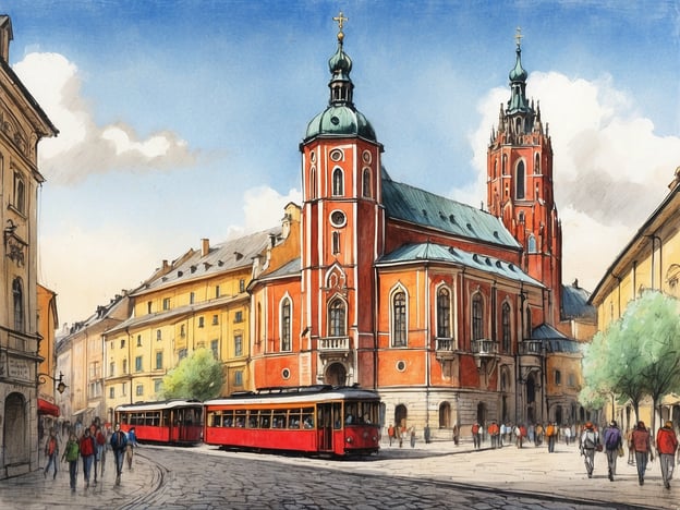 Auf dem Bild ist eine malerische Stadtansicht mit einer prächtigen Kirche zu sehen, die wahrscheinlich einen wichtigen historischen oder kulturellen Wert hat. Die Straße ist lebhaft mit Menschen und roten Straßenbahnen, was typisch für viele europäische Städte ist.Wenn du von Krakau aus Tagesausflüge machen möchtest, könntest du Orte wie Wawel mit dem Wawelschloss und der Kathedrale, das historische jüdische Viertel Kazimierz oder das Konzentrationslager Auschwitz-Birkenau besuchen. Diese Ausflüge bieten faszinierende Einblicke in die Geschichte und Kultur der Region.