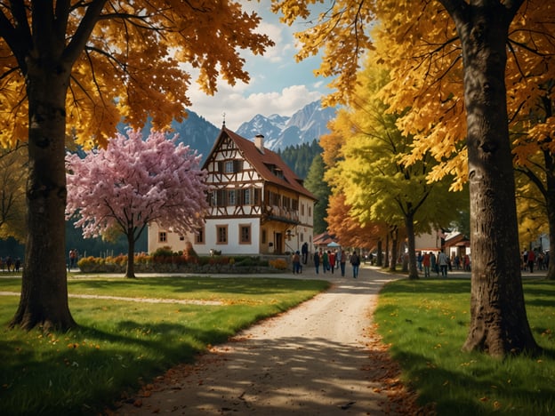 Auf dem Bild ist eine malerische Landschaft zu sehen, in der sich ein traditionelles Gebäude vor einer Kulisse mit Bergen und bunten Bäumen befindet. Die Bäume sind in warmen Herbstfarben gehalten, die eine gemütliche Atmosphäre schaffen. Es gibt auch einige Menschen, die den Weg entlang spazieren.Die beste Reisezeit für Deine Entdeckungsreise könnte der Herbst sein, da die Farben der Blätter besonders schön sind und das Wetter angenehm mild ist, perfekt für Erkundungen in der Natur.