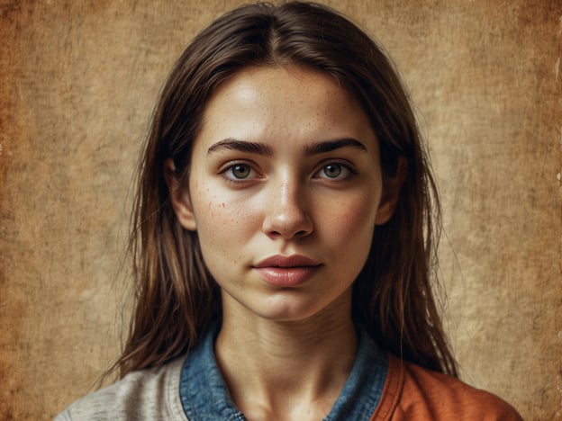 Das Bild zeigt eine junge Frau, deren Blick eine tiefe innere Ruhe und Gelassenheit ausstrahlt. Ihre sanften Gesichtszüge und der leichte Ausdruck auf ihren Lippen vermitteln ein Gefühl von emotionalem Wohlbefinden. Die sanften Farben des Hintergrunds und die Textur des Bildes schaffen eine harmonische Atmosphäre, die den Betrachter einlädt, innezuhalten und die momentane Stille und den Frieden zu spüren. Es scheint, als ob sie in einem Zustand des Gleichgewichts ist, was inspirierend und beruhigend wirkt.