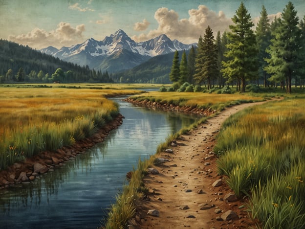 Das Bild zeigt eine friedliche Landschaft, in der sich ein sanft plätschernder Fluss durch ein goldgelbes Wiesengelände schlängelt. Umgeben von üppigem, grünem Gras und prächtigen Bäumen, verleiht die Szenerie dem Betrachter ein Gefühl von Ruhe und Harmonie. In der Ferne erheben sich majestätische Berge, deren Gipfel mit schimmerndem Schnee bedeckt sind und sanft in den Himmel ragen.Ein schmaler, erdiger Pfad windet sich am Ufer entlang, einladend für Spaziergänge und Gedankenreisen in die Weite der Natur. Die Wolken am Himmel scheinen sanft zu treiben, während das Licht in warmen Tönen über die Landschaft fällt und alles in eine traumhafte Stimmung taucht. Diese Idylle ladet dazu ein, den Stress des Alltags hinter sich zu lassen und einfach im Moment zu verweilen, die frische Luft und die Schönheit der Natur zu genießen. In dieser Umgebung findet die Seele Frieden und Inspiration.
