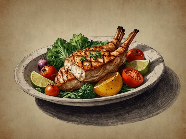Auf dem Bild ist ein Gericht zu sehen, das eine neu entdeckte regionale Küche widerspiegelt. Es zeigt ein Stück gegrilltes Fischfilet, das auf einem Bett aus frischem Gemüse angerichtet ist. Um das Filet herum sind verschiedene Beilagen wie Zitronen- und Limettenscheiben sowie bunte Kirschtomaten und Brokkoli platziert. Diese Präsentation könnte zur Wiederbelebung von traditionellen Kochmethoden und Zutaten aus der Region animieren, während sie gleichzeitig moderne Aromen integriert.