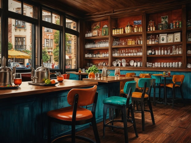 Auf dem Bild ist eine gemütliche Küche oder ein Café zu sehen. Die Einrichtung ist rustikal mit einer Kombination aus Holz und kräftigen Farben, speziell einem harmonischen Blau und warmen Tönen. Im Vordergrund steht ein Holztisch, auf dem einige Getränke und Früchte platziert sind. Es gibt zahlreiche Stühle in verschiedenen Farben, die eine einladende Atmosphäre schaffen. Die großen Fenster bieten einen Blick nach draußen auf eine belebte Straße, was das Bild lebendig und einladend erscheinen lässt. Die Regale hinter dem Tisch sind mit vielen verschiedenen Geschirrteilen und Flaschen dekoriert, was der Szene eine persönliche Note verleiht.