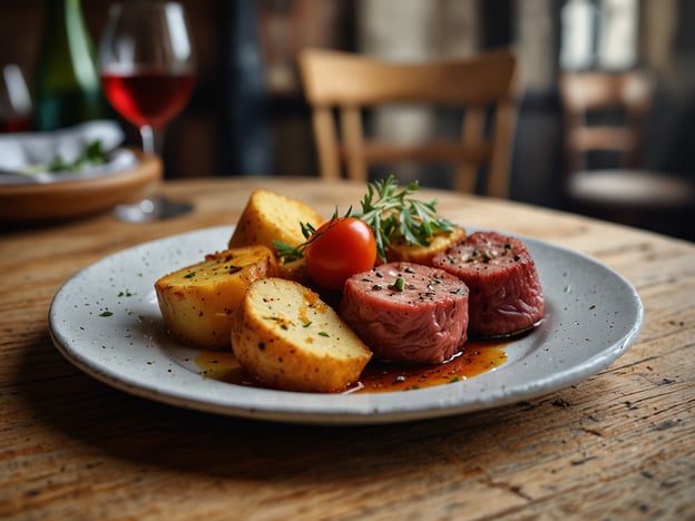 Auf dem Bild sieht man einen kulinarischen Genuss, der für Feinschmecker besonders ansprechend ist. Im Mittelpunkt steht zartes Fleisch, das perfekt gegart und auf schöne Scheiben geschnitten ist. Es hat eine saftige, rosafarbene Farbe und ist wahrscheinlich mit einer köstlichen Marinade oder Sauce verfeinert.Begleitend zu dem Fleisch sind wunderbar gebratene Kartoffeln platziert, die eine goldbraune Kruste haben. Sie sind wahrscheinlich herzhaft gewürzt und verleihen dem Gericht eine angenehme Textur. Ein kleines, frisches Cherry-Tomätchen und einige Kräuter, möglicherweise Thymian oder Rosmarin, setzen farbliche Akzente und bringen einen frischen Geschmack.Im Hintergrund erkennt man ein Glas Rotwein, was darauf hindeutet, dass dieses Gericht ideal für ein gehobenes Dinner-Setting ist. Die Präsentation auf einem rustikalen Holztablett sorgt zusätzlich für eine einladende Atmosphäre, die die Liebe zur Gastronomie unterstreicht.