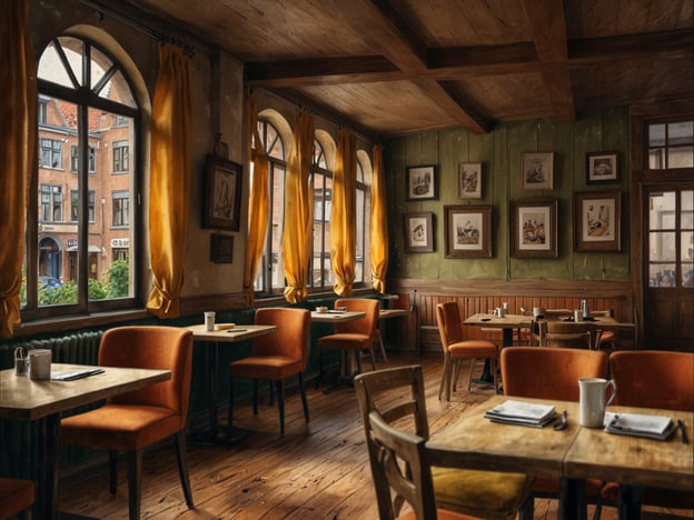 Auf dem Bild ist ein gemütliches Café zu sehen, das ideal für entspannte Stunden ist. Die Einrichtung besteht aus Holzstühlen und -tischen, und die Wände sind mit Bildern dekoriert. Die großen Fenster lassen viel Licht herein und bieten einen Blick auf die Straße. Die gelben Vorhänge verleihen dem Raum eine warme Atmosphäre. Es scheint ein einladender Ort zu sein, um eine Tasse Kaffee zu genießen und die Zeit zu verbringen.