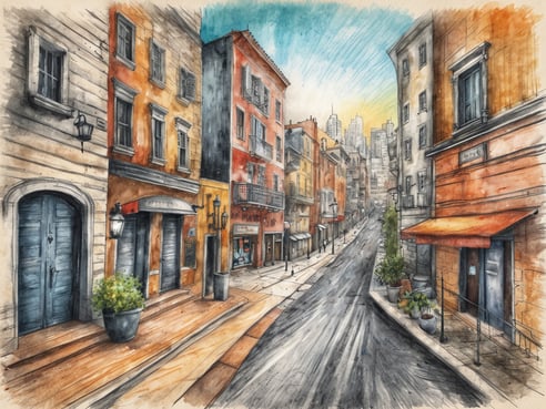 Eine malerische Stadtansicht zeigt eine ruhige Straße, gesäumt von historischen Gebäuden mit bunten Fassaden in warmen Farbtönen. Auf der linken Seite stehen alte Steinhäuser mit Holztüren und Fenstern, während die rechte Seite ein modernes Gebäude mit einem großen Fenster präsentiert. Die Straße ist geflastert und führt in die Ferne, wo man angedeutete Wolkenkratzer der Stadt sieht. Blumentöpfe mit grünen Pflanzen schmücken die Bürgersteige, und ein warmes Licht von der untergehenden Sonne erhellt die Szenerie, die einladend und charmant wirkt. Dieses Bild lädt dazu ein, die Stadt auf neue Weise zu entdecken.