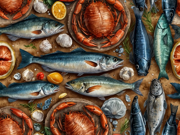 Auf dem Bild ist eine Vielfalt an Meeresfrüchten und frischem Fisch zu sehen, die in einer maritimen Atmosphäre präsentiert werden. Die lebhaften Farben und die verschiedenen Sorten von Fischen, wie Makrelen und andere Speisefische, verleihen dem Bild einen appetitlichen Eindruck. Dazu gesellen sich schmackhafte Krabben und Muscheln, sowie frische Zitronen und Kräuter, die für den perfekten Fischgenuss sorgen. Die Anordnung schafft eine einladende Stimmung, die an einen Tag am Meer erinnert, ideal für Liebhaber der maritimen Küche.