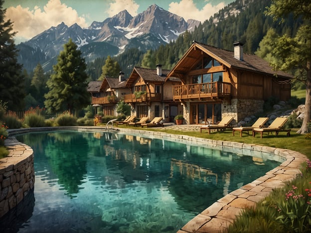 Auf dem Bild ist eine traumhafte Wellness-Oase in Bayern zu sehen. Die idyllische Landschaft wird von imposanten Bergen im Hintergrund geprägt. Im Vordergrund befindet sich ein einladender Pool, umgeben von bequemen Liegen und gepflegten Gärten. Die rustikalen Holzhäuser fügen sich harmonisch in die natürliche Umgebung ein und strahlen Gemütlichkeit und Entspannung aus. Dies ist der perfekte Ort, um sich zu erholen und die Schönheit der bayerischen Natur zu genießen.