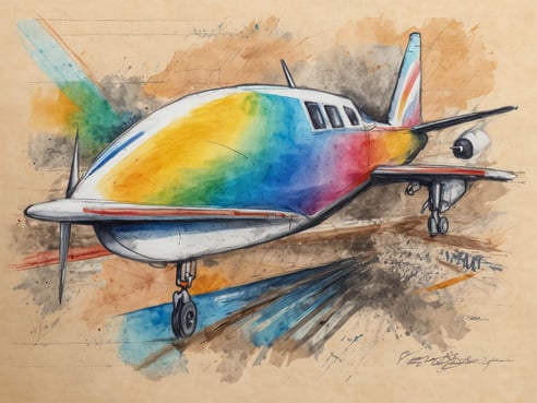 Ein farbenfrohes, künstlerisches Aquarell eines kleinen Flugzeugs, das in lebendigen Regenbogenfarben gehalten ist. Das Flugzeug hat eine aerodynamische Form mit einer markanten Nase und beiden Tragflächen. Im Hintergrund sind abstrakte Farbspritzer und Linien zu sehen, die eine dynamische und fröhliche Atmosphäre schaffen. Entdecke die Frühlings-Kollektion von LHW.