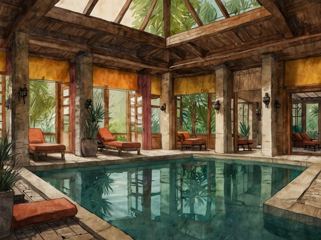 Auf dem Bild ist ein exotischer Wellnessbereich zu sehen, der von natürlichen Elementen umgeben ist. Die Architektur kombiniert Holz und Stein und schafft eine einladende Atmosphäre. Im Zentrum befindet sich ein Pool, der durch große Fenster und offene Räume von Tageslicht durchflutet wird. Die Möbel sind bequem und laden zum Entspannen ein, während Pflanzen im Raum für ein tropisches Flair sorgen. Solche Wellness-Welten im Westen bieten eine ideale Möglichkeit, dem Alltag zu entfliehen und sich in einer beruhigenden Umgebung zu regenerieren.