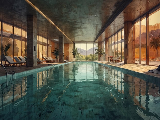 Auf dem Bild ist eine moderne Therme mit beeindruckender Architektur zu sehen. Der Innenbereich ist hell und einladend, mit großen Fenstern, die einen spektakulären Blick auf die Natur bieten. In der Mitte befindet sich ein eleganter Pool, umgeben von stilvollen Liegen und Pflanzen. Die Verwendung von natürlichen Materialien und das klare Design schaffen eine entspannende Atmosphäre, ideal für Wellness und Erholung.