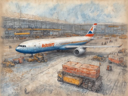 Ein Flughafen mit einem Flugzeug auf dem Rollfeld ist zu sehen. Das Flugzeug hat eine blau-weiße Lackierung mit der Aufschrift AROT. Im Hintergrund befinden sich Passagiere, die auf den Flughafen zulaufen, sowie verschiedene Fahrzeuge, die mit dem Be- und Entladen beschäftigt sind. Die Atmosphäre wirkt geschäftig, und es sind auch einige Baumaschinen erkennbar. Der Himmel ist bewölkt, was die Stimmung auf dem Flughafen beeinflusst. Es könnte sich um einen Streik oder eine besondere Situation handeln, die die Abläufe am Flughafen beeinflusst.