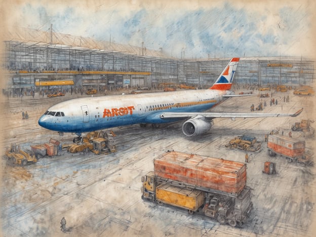 Ein Flughafen mit einem Flugzeug auf dem Rollfeld ist zu sehen. Das Flugzeug hat eine blau-weiße Lackierung mit der Aufschrift AROT. Im Hintergrund befinden sich Passagiere, die auf den Flughafen zulaufen, sowie verschiedene Fahrzeuge, die mit dem Be- und Entladen beschäftigt sind. Die Atmosphäre wirkt geschäftig, und es sind auch einige Baumaschinen erkennbar. Der Himmel ist bewölkt, was die Stimmung auf dem Flughafen beeinflusst. Es könnte sich um einen Streik oder eine besondere Situation handeln, die die Abläufe am Flughafen beeinflusst.
