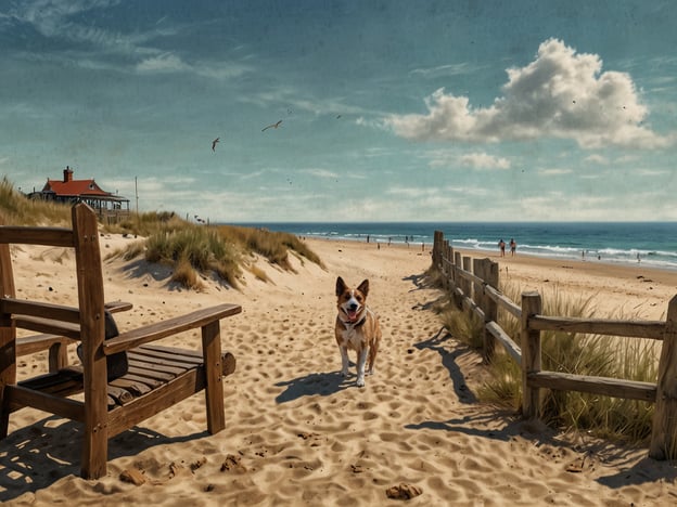 Auf dem Bild ist ein schöner Hundestrand in Travemünde zu sehen, wo ein Hund fröhlich am Wasser spielt. Die Szenerie zeigt den feinen Sandstrand, eine holzverzierte Bank und die ruhige Ostsee im Hintergrund. Solche Strände bieten Hunden und ihren Besitzern die Freiheit, die Natur zu genießen und gemeinsam Zeit am Wasser zu verbringen. Die entspannte Atmosphäre lädt zum Verweilen ein und ist ideal für einen Tag mit Vierbeinern.