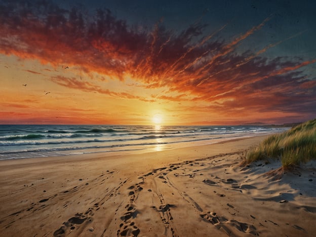 Auf dem Bild ist ein wunderschöner Sonnenuntergang über dem Meer zu sehen, mit sanften Wellen und einem romantischen Himmel, der in verschiedenen Farben leuchtet. Diese Szenen erinnern mich an die Strände von Grömitz, wo ich oft am Abend am Strand entlangspaziert bin.Es gab Momente, in denen der Himmel in ähnlichen Farben erstrahlte, und ich das Rauschen der Wellen im Hintergrund hören konnte. Der feine Sand unter meinen Füßen und die frische Brise haben immer für ein Gefühl von Freiheit und Entspannung gesorgt. Oft habe ich mit Freunden zusammen gesessen, während die Sonne langsam hinter dem Horizont verschwand, und diese einzigartigen Momente genossen, die man niemals vergisst.