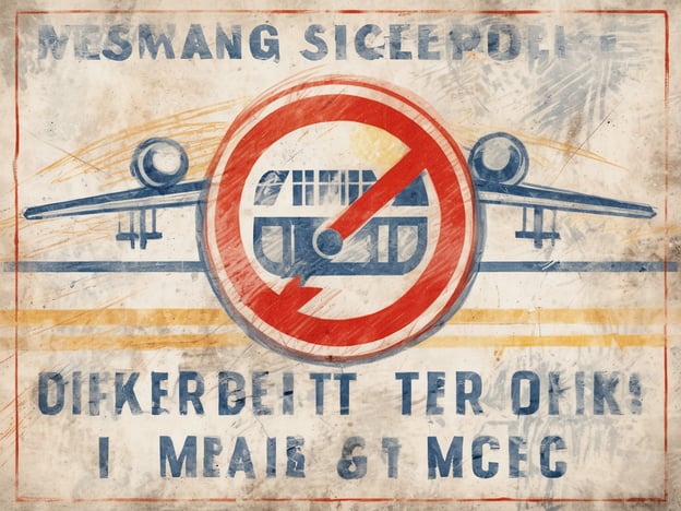 Ein älteres, abgenutztes Schild zeigt ein Symbol eines Flugzeugs mit einem roten Verbotssymbol darüber. Der Schriftzug darunter enthält die Worte, die auf eine Aufforderung zu einem Streik hinweisen. Die Farben des Schildes sind hauptsächlich in Blau, Rot und Gelb gehalten. Der Hintergrund wirkt schmutzig und zeigt Spuren der Abnutzung.