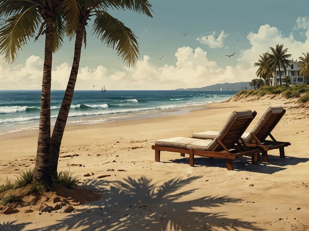 Auf dem Bild ist ein schöner Sandstrand zu sehen, der von Palmen gesäumt ist. Am Wasser stehen Liegen, die einladend zum Entspannen erscheinen. Im Hintergrund sind sanfte Wellen zu erkennen, und ein Segelboot fährt auf dem Meer. Die Atmosphäre ist friedlich und lädt zu einem Strandvergnügen ein. Ähnlich wie in Bansin auf Usedom, wo die Natur und die Strände ideale Bedingungen für Erholung und Freizeitgestaltung bieten.