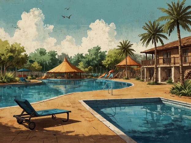 Auf dem Bild ist ein schöner Poolbereich mit viel Platz zum Toben und Schwimmen zu sehen. Es gibt eine große Wasserfläche, Sonnenliegen und einige aufregende Rutschen. Die Umgebung ist mit Palmen und Grünpflanzen gestaltet, was eine entspannte Atmosphäre schafft. Ein perfekter Ort für einen Tag in Fehmarn!