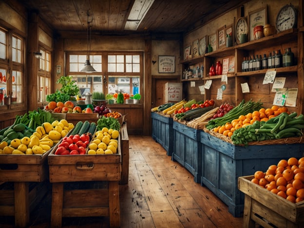 Auf dem Bild ist ein liebevoll gestalteter Marktstand zu sehen, der eine bunte Vielfalt an frischem Obst und Gemüse präsentiert. Diese Bildkomposition erinnert an die Wochenmärkte im Chiemgau, die für ihre regionalen Produkte bekannt sind. Hier findet man saftige Äpfel, frische Gurken und leuchtend orangefarbenes Obst, das die Vielfalt der lokalen Landwirtschaft widerspiegelt. Die Holzregale und die rustikale Atmosphäre verleihen dem Marktstand einen charmanten, traditionellen Charakter. Solche Märkte sind ein wichtiger Bestandteil der Region, da sie nicht nur frische Lebensmittel bieten, sondern auch die Verbindung zwischen Erzeugern und Verbrauchern stärken.