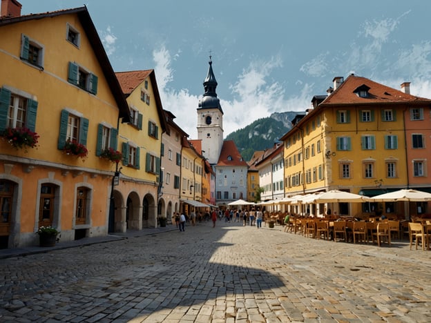 Auf dem Bild ist der lebendige Stadtplatz in Traunstein zu sehen. Die Architektur ist geprägt von bunten, historischen Gebäuden mit Fensterläden und Blumenschmuck. In der Mitte ragt ein markanter Turm mit einer Spitze in den Himmel. Der Platz ist bevölkert von Menschen, die die Atmosphäre genießen, und es gibt viele Tische von Cafés und Restaurants, die zum Verweilen einladen. Die gepflasterte Fläche und die umliegenden Berge im Hintergrund tragen zur charmanten und einladenden Stimmung des Stadtplatzes bei.