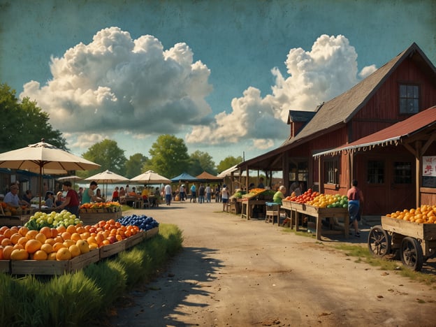 Auf dem Bild ist ein einladender Bauernmarkt in Waging am See zu sehen. Verschiedene Obstsorten sind in Holzkisten ausgestellt, darunter Orangen, Äpfel und andere Früchte. Die Stände sind von Sonnenschirmen geschützt, und es sind viele Menschen unterwegs, die einkaufen und sich unterhalten. Im Hintergrund sind grüne Bäume und ein klarer Himmel mit beeindruckenden Wolken zu sehen, was eine angenehme Atmosphäre schafft.