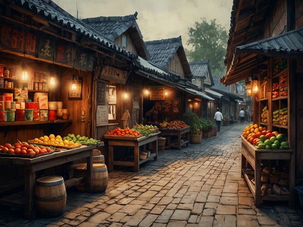 Auf dem Bild ist ein traditioneller Markt mit verschiedenen Ständen zu sehen. Die Stände sind reichlich mit frischem Obst und Gemüse gefüllt, darunter Äpfel, Orangen und Limetten. Die Architektur der Gebäude ist rustikal, mit Holzverkleidungen und schattigen Dächern. Es gibt auch einige Laternen, die eine gemütliche Atmosphäre erzeugen. Menschen schlendern durch die Gassen des Marktes, was auf eine lebendige und einladende Stimmung hindeutet. Ein Markt mit Tradition.