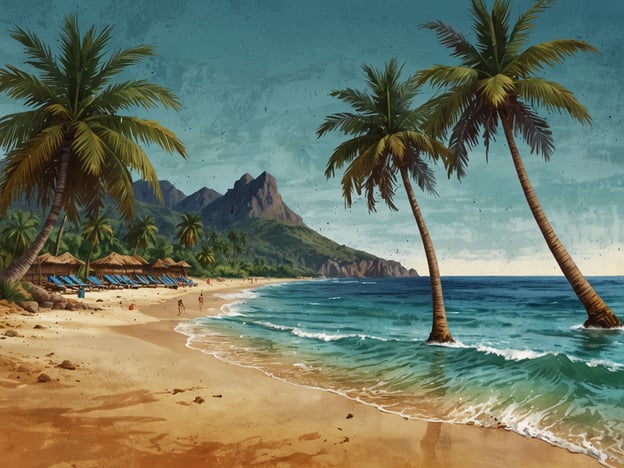 Auf dem Bild ist eine malerische Strandlandschaft zu sehen. Es gibt Palmen, die über den sandigen Strand ragen, während die Wellen sanft an die Küste schlagen. Im Hintergrund sind beeindruckende Berge zu erkennen, die die Szenerie abrunden. Einige Strandliegen stehen bereit, und es sind Menschen zu sehen, die das warme Wetter und das Wasser genießen. Diese tropische Umgebung vermittelt ein Gefühl von Urlaub und Entspannung – ein wahrer Markt mit Flair in Übersee.