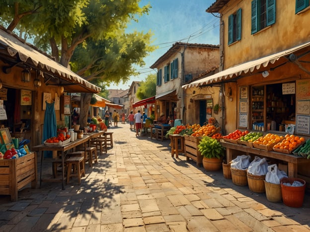 Auf dem Bild ist ein malerischer Dorfmarkt zu sehen. Die Marktstände sind mit frischem Obst und Gemüse dekoriert, darunter Tomaten, Orangen und verschiedene andere Früchte. Die stimmungsvolle Atmosphäre wird von den rustikalen Holztischen und den charmanten, alten Gebäuden im Hintergrund unterstrichen. Die Straßen sind mit Steinen gepflastert, und es gibt einige Besucher, die beim Bummeln und Einkaufen sind. Große, grüne Bäume bieten Schatten und verleihen dem Markt eine einladende Note.